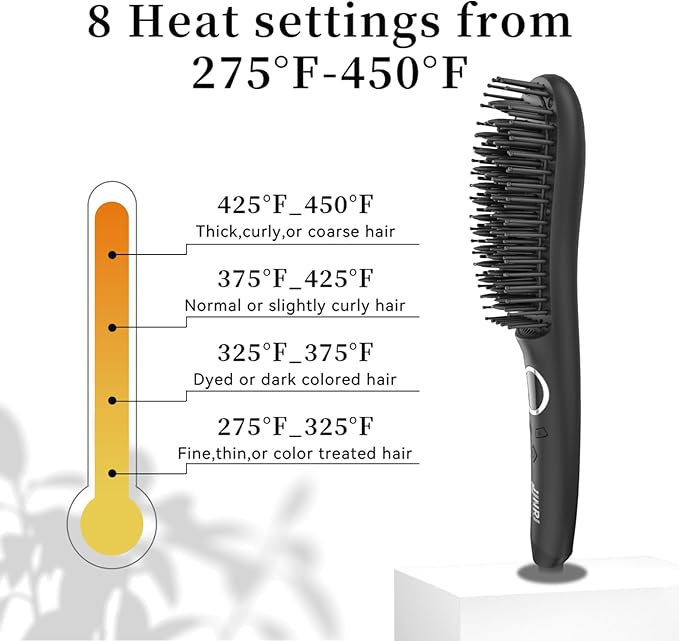 JINRI Hair Straightening Brush, 275°F-450°F 8-Stage Adjustable Temperature, Ergonomic Handle, 360° Swivel Cord, Anti-Scald Design, Includes Hair Clips, 120V 66W, Black