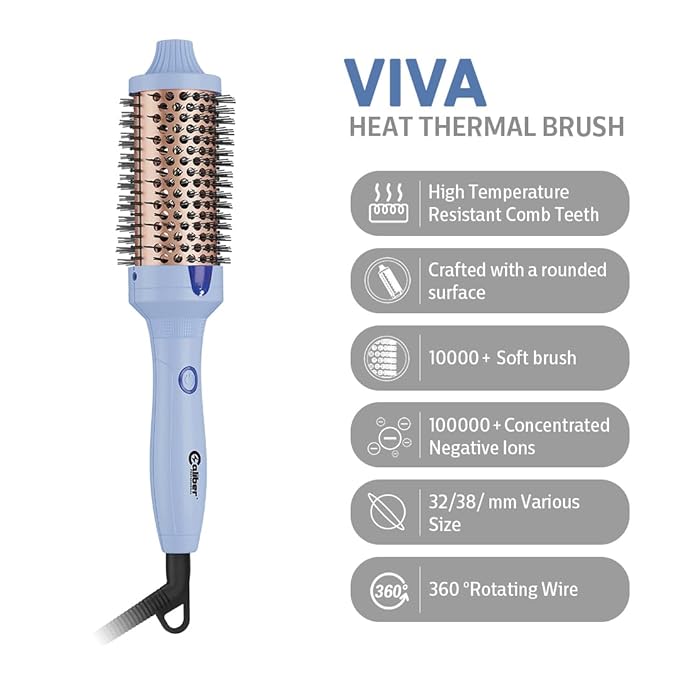 Caliber Viva Heat Thermal Hair Brush, Professional Styling Tool with Negative Ion Technology, Blue (1-1/2 inch（38mm)