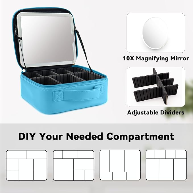 Travel Makeup Bag with LED Mirror and 10x magnifying glass with 3 Lighted - Image 4