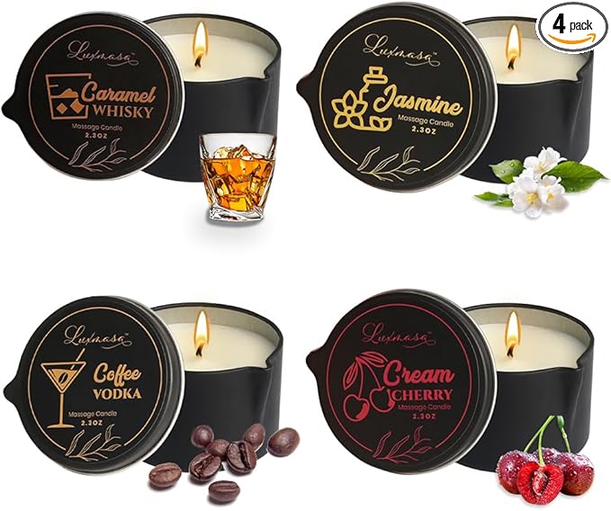 Soybean Wax Warm Massage Oil Candle Gift, Scented Aromatherapy Candle for Relaxing and Stress Relief 4 Pack 9.4OZ(2.35OZ*4 pcs)-Jasmine,Caramel Whisky,Coffee Vodka,Cream Cherry Scent