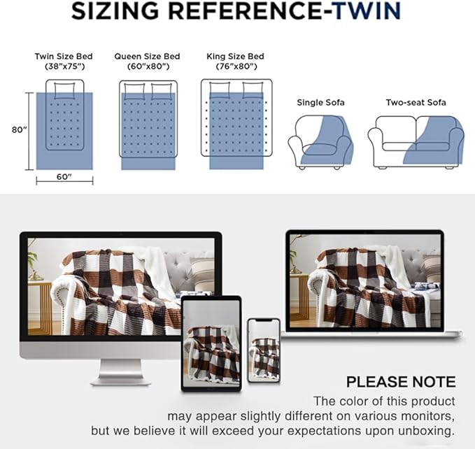 PU MEI Sherpa Blanket Twin Plaid Thick Bed Blanket, 60”*80” Super Soft Flannel - Image 6