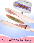 ANGENIL Pro Twist Flat Iron Hair Straightener, 2 in 1 Straightener and Curling Iron for Women, Round Pink Dual Voltage Hair Straightener with Silicone Heat Resistant Mat, 30s Fast Heating, LCD Display