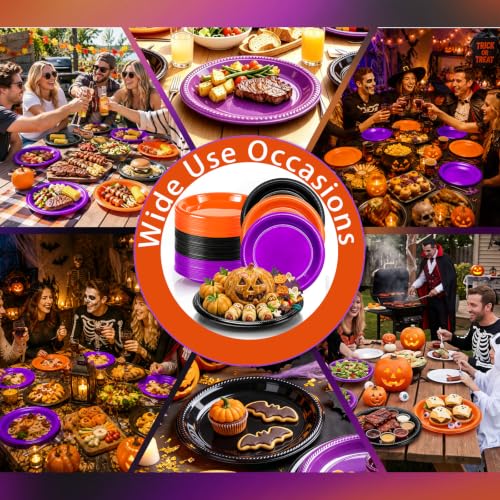 100 Count 10 Inch Halloween Plastic Plates Colored Party Disposable Plates (Black/Orange/Purple / 100 Pcs)