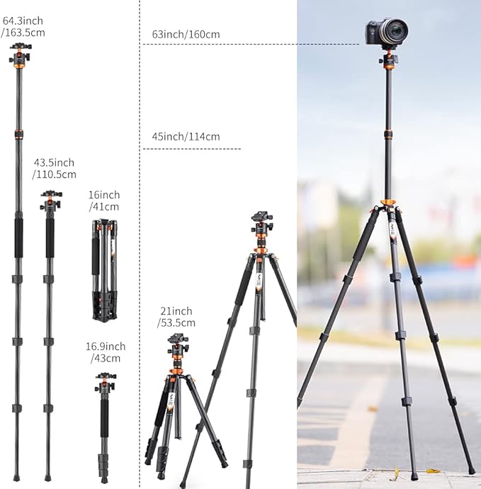 K&F Concept 63" Carbon Fiber Camera Tripods, D254C1+BH-28L Compact Tripod - Image 5