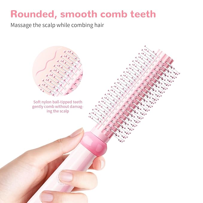 Round Hair Brush, Detangling Fluffy Scalp Brush with Ergonomic Big Handle, Plastic Lightweight Macron Styling Color Comb for Faster Blow Drying and Volume for Long,Thick, Curly Hair Women/Girls/Kids