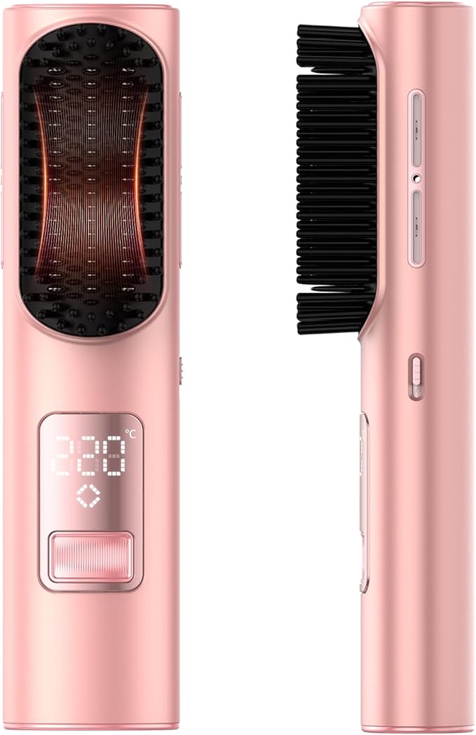Cordless Hair Straightener Brush, Mini Brush Straightener for Travel,Portable Straightening Brush for Women,Hot Comb Styling Tools & Appliances, Pink