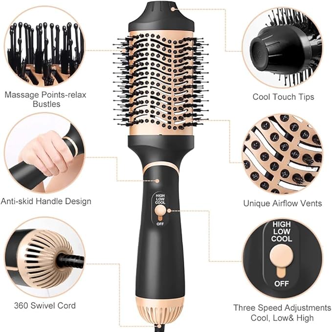 Hair Dryer Brush Blow Dryer in One Step, Upgraded 4 in 1 Hair Dryer and Styler Volumizer with Negative Ion Anti-frizz Ceramic Titanium Barrel Hot Air Brush Hair Straightener (Golden, Large)