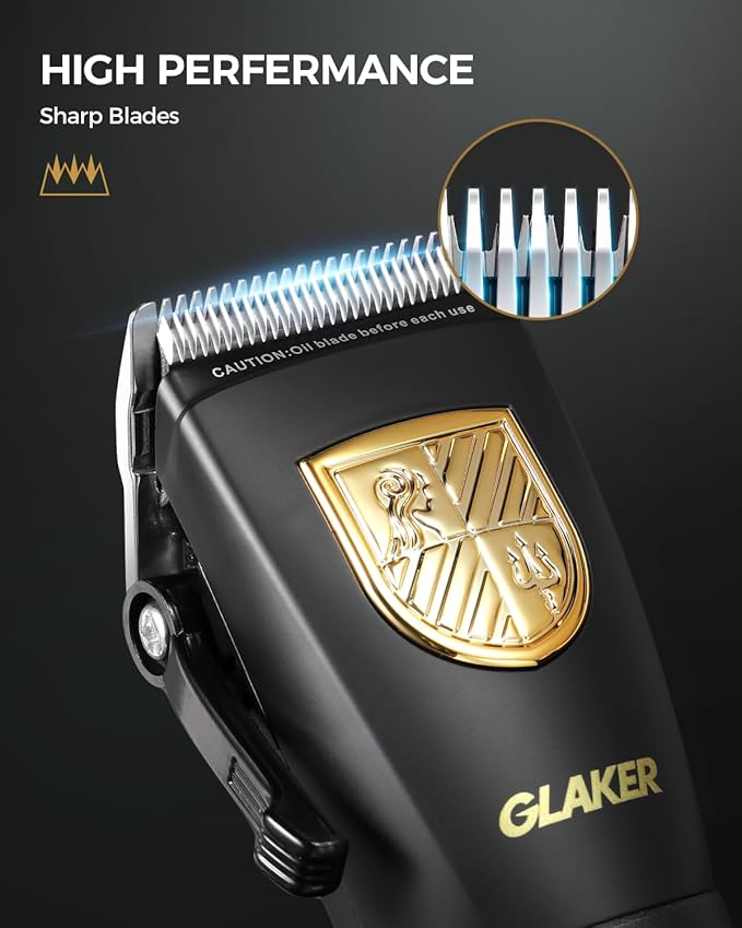 GLAKER Hair Clippers for Men,Professional Mens Hair Clippers Cordless Clippers for Hair Cutting,Precision Trimmer Kit Zero Gap Trimmer with LED Display 15 Guide Combs (Black+Gold)