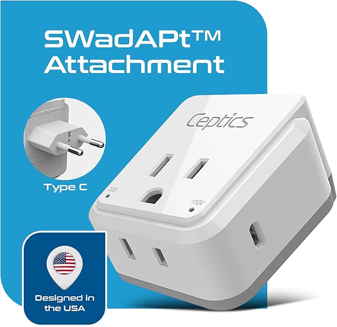 Ceptics European Plug Adapter, Safe USB-C 30W PD & QC 3.0-2 USA Socket - Image 4
