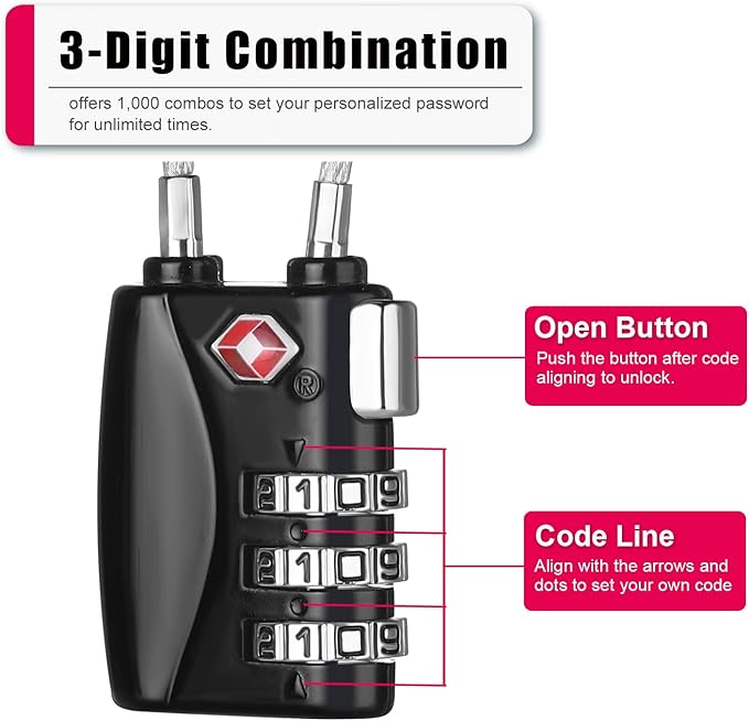 ZHEGE Luggage Locks TSA Approved 4 Pack Cable Padlocks - Image 3