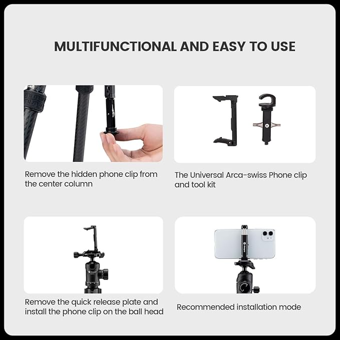 Fotopro 60" Carbon Fiber Tripod, Compact Lightweight Travel Tripod - Image 5