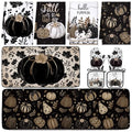 10 Pcs Fall Pumpkin Kitchen Decor Set Kitchen Towels Pot Holders Oven Mitts and Rugs Set Thanksgiving Towels for Baking Cooking BBQ Autumn Home (Black, White, Brown / Black Pumpkin)