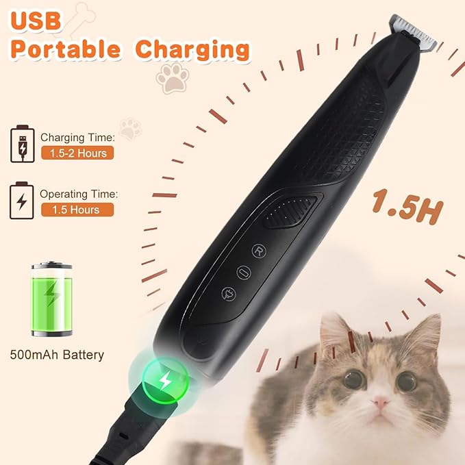 Professional Dog & Cat Trimmer - Quiet Electric Pet Grooming Kit for Ears/Eyes/Paws with LED Light - Cordless Battery-Powered Fur & Nail Clipper for Small/Large Breeds (Black)