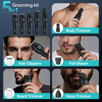 5-in-1 Electric Beard Trimmer Body Hair Trimmer Kit, Professional Cordless Hair Clippers for Men Rechargeable, IPX7 Waterproof Mens Grooming Kit for Face, Mustache, Body, Nose, Gifts for Men (Black)