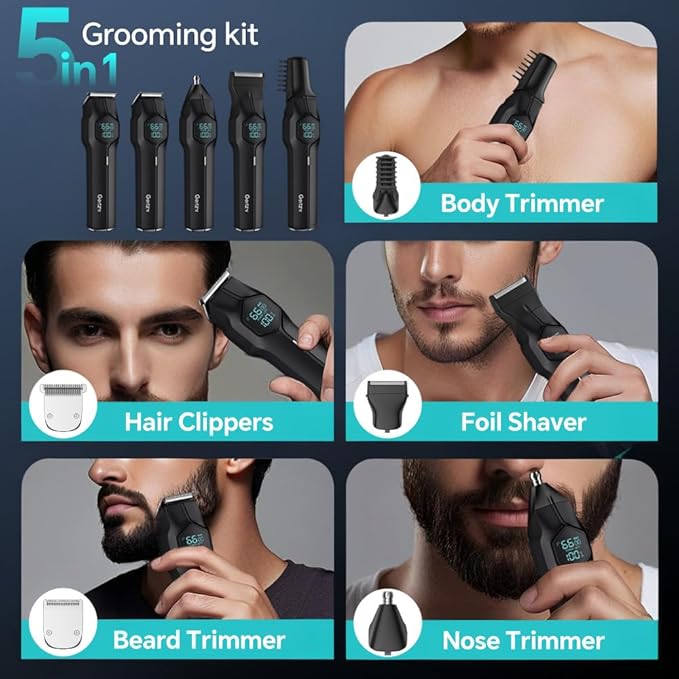 5-in-1 Electric Beard Trimmer Body Hair Trimmer Kit, Professional Cordless Hair Clippers for Men Rechargeable, IPX7 Waterproof Mens Grooming Kit for Face, Mustache, Body, Nose, Gifts for Men (Black)
