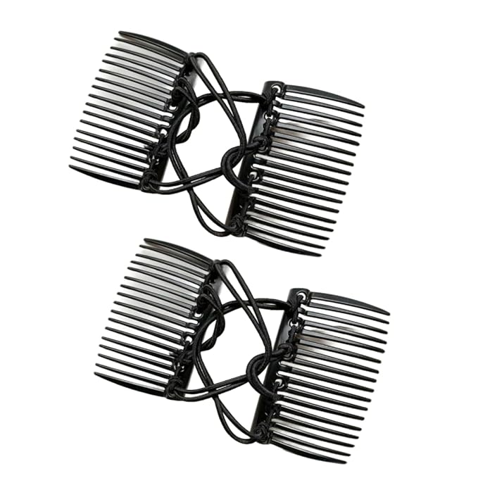 2Pcs Stretchy Comfy Hair Comb Clips, Double Slide Hairpins, Double Comb for Curly Wavy Hair - No Slip, Ouchless,Adjustable & Simple Long Lasting Updo's Black Elastic No Crease, Styling Accessories
