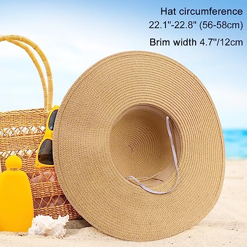 Womens Straw Hat Foldable Wide Brim Floppy Beach Sun Hat for Women Roll up Cap UPF 50+ Adjustable Strap Vacation (Ad Khaki 5.9" Brim, 1 Pack)
