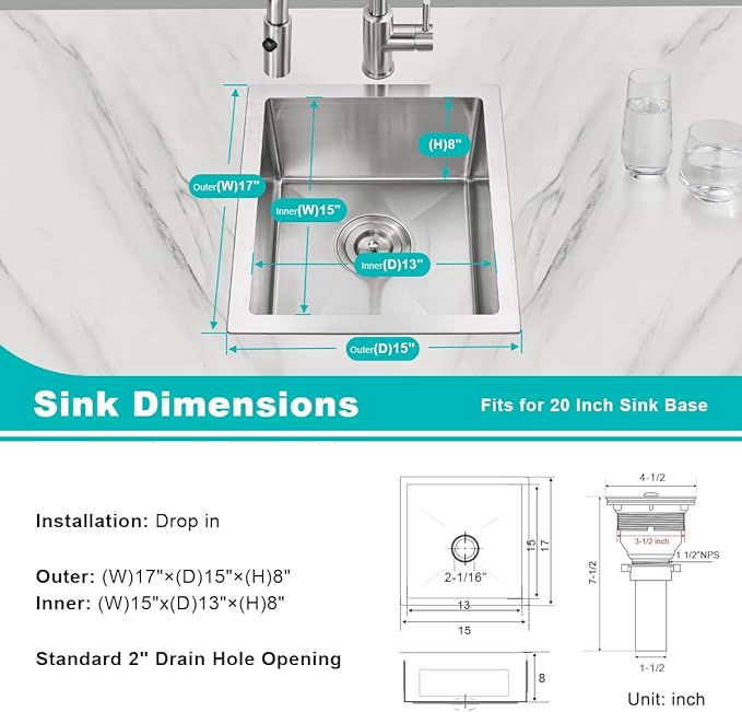 15 inch Undermount Bar Sink, Stainless Steel Handmade Single Bowl Kitchen Sink - Image 3