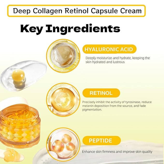 Deep Collagen Retinol Capsule Cream, 1.76 fl.oz - Golden Face & Neck Moisturizer with Hyaluronic Acid, Firming Hydrating Smoothing for All Skin Types
