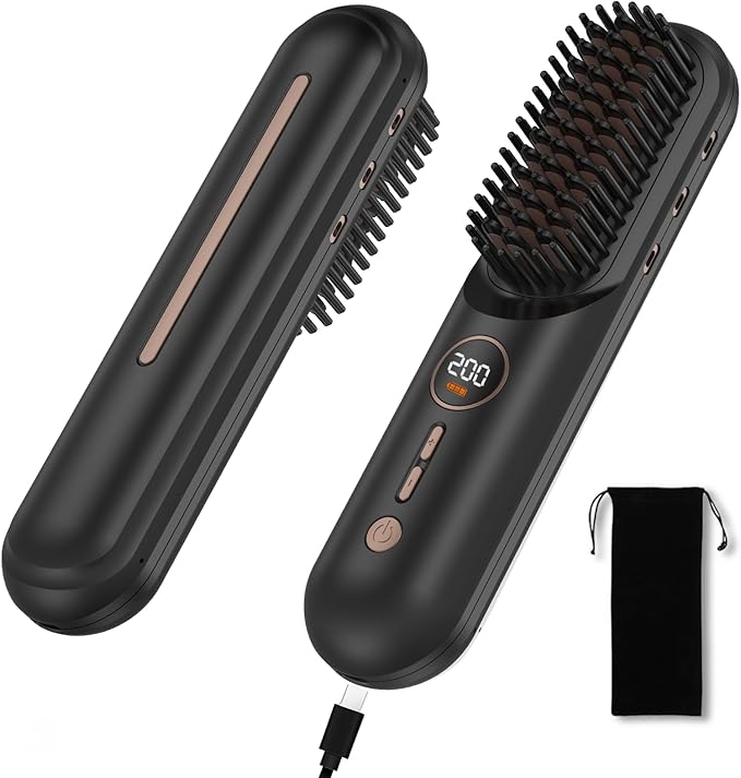 Cordless Hair Straightener Brush, Portable Mini Hair Straightening Brush for Travel, Rechargeable 9000 mAh USB-C, Lightweight Anti-Scald Heated Styling Tools & Appliances (Black)