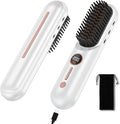Cordless Hair Straightener Brush, Portable Mini Hair Straightening Brush for Travel, Rechargeable 9600 mAh USB-C, Lightweight Anti-Scald Heated Styling Tools & Appliances (White Golden)