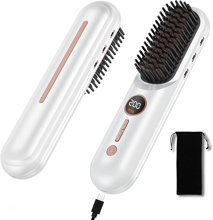 Cordless Hair Straightener Brush, Portable Mini Hair Straightening Brush for Travel, Rechargeable 9600 mAh USB-C, Lightweight Anti-Scald Heated Styling Tools & Appliances (White Golden)
