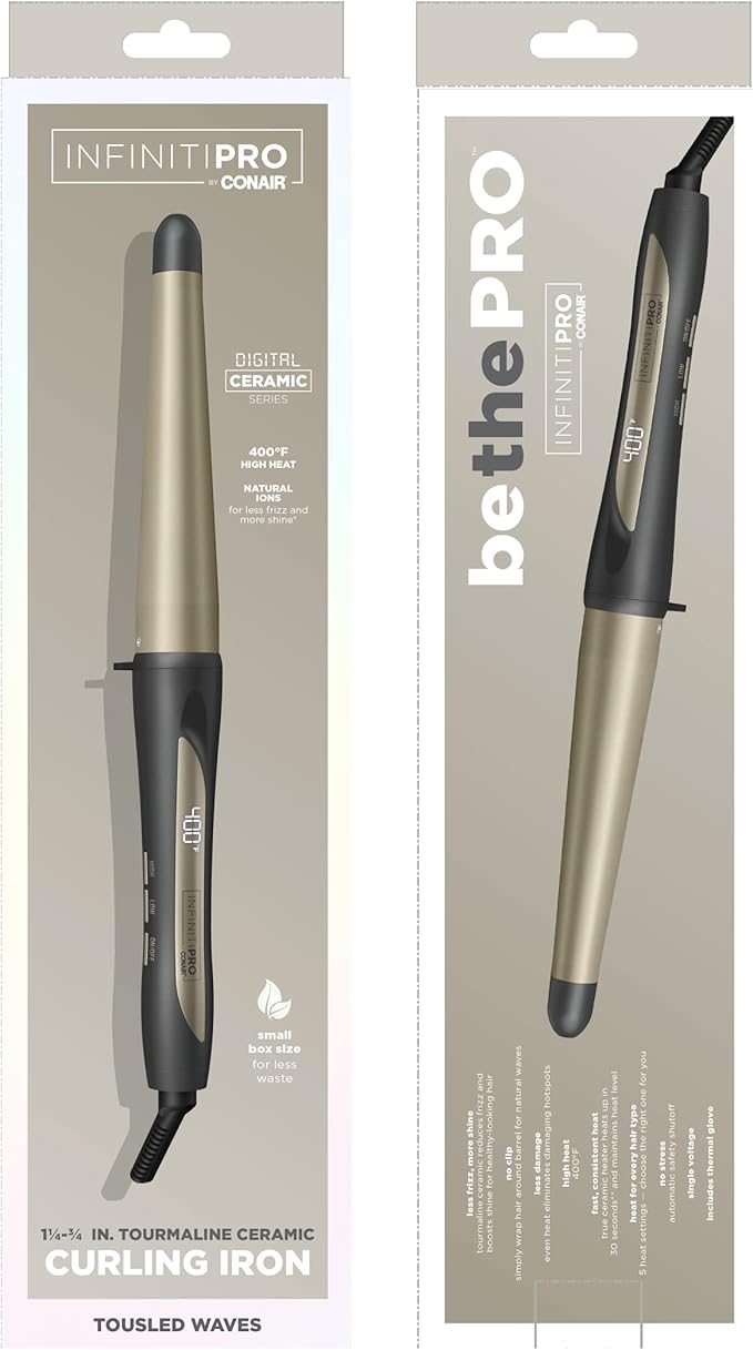 INFINITIPRO BY CONAIR Tourmaline Ceramic 1¼-Inch to ¾-Inch Tapered Curling Wand, Tapered Curling Wand Produces Beachy Waves, Dark Grey