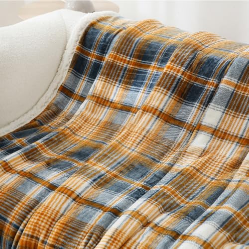 Sherpa Blanket Twin Plaid Thick Bed Blanket (Blue Yellow Check / 60"*80")