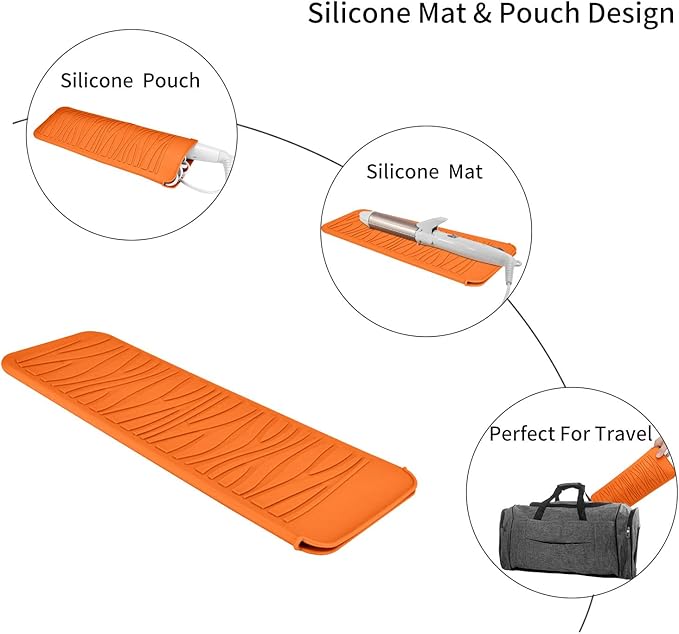 Silicone Heat Resistant Travel Pouch for Hair Styling Tools: Straighteners, Crimping Irons, Curling Wands, Flat Irons, and Waving Tools (Orange) 1 Pack