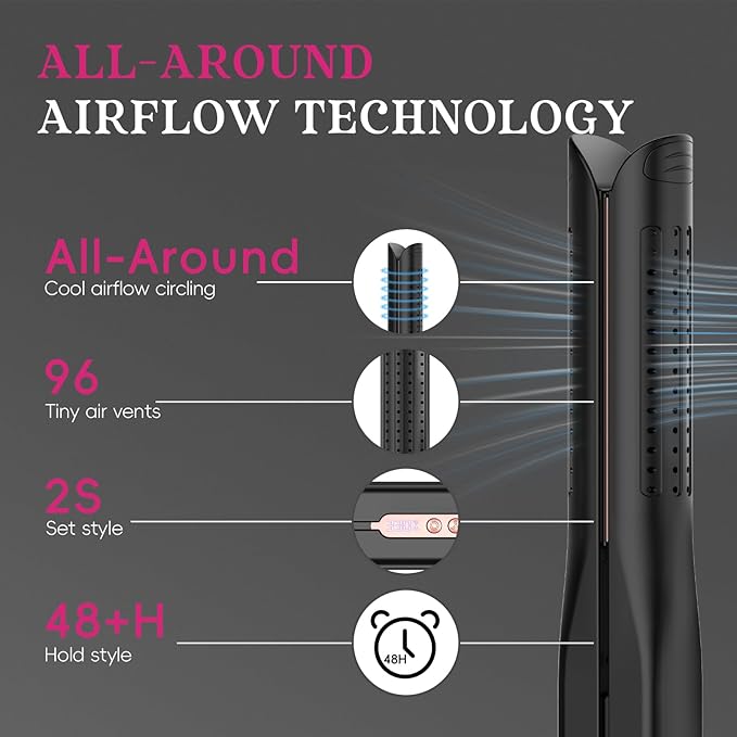 SKIMI Airflow Styler, Titanium Flat Iron Hair Straightener, Professional Curling Iron with Cooling Air Vents to Lock in Style, 5 Temps & Dual Voltage, Auto Off (Black & Blush Gold).