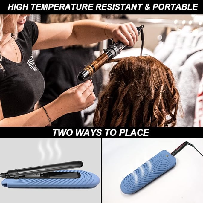 Heat Insulating Silicone Mat Pouch for Hair Straightener, Anti-Slip Travel Pad Cover for Curling & Flat Iron, Portable Styling Heat Mat Holder for Curler Wand and Hot Waver (Blue)
