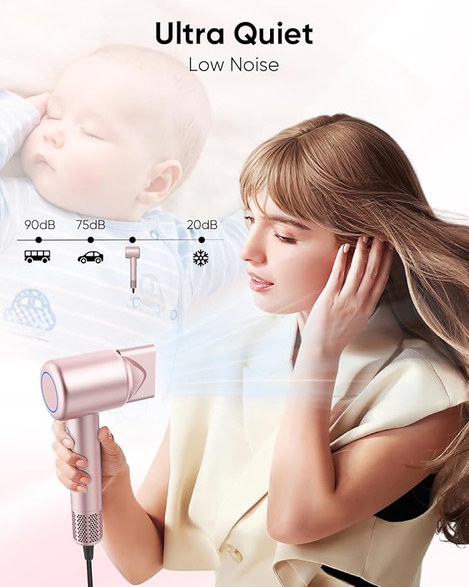 Hair Dryer, High-Speed Ionic Low Noise Blow Dryer with Brushless Motor for Fast Drying, Thermo-Control Quiet Compact Hair Blow Dryer with Magnetic Diffuser for Curly Hair for Home Travel Salon