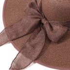 Women Wide Brim Bow Straw Hat Floppy Foldable Beach Sun Hat Roll up Cap UPF 50+ (Dark Brown /Normal Edge)