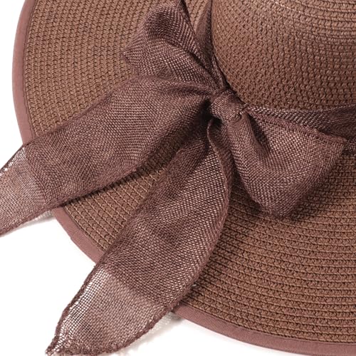 Women Wide Brim Bow Straw Hat Floppy Foldable Beach Sun Hat Roll up Cap UPF 50+ (Dark Brown /Normal Edge)