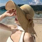 Women Wide Brim Bow Straw Hat Floppy Foldable Beach Sun Hat Roll up Cap UPF 50+ (Khaki /Normal Edge)