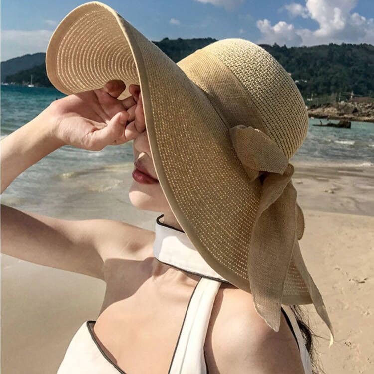 Women Wide Brim Bow Straw Hat Floppy Foldable Beach Sun Hat Roll up Cap UPF 50+ (Khaki /Normal Edge)