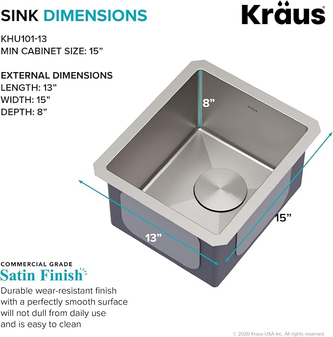 KRAUS Standart Pro 13-inch Undermount Single Bowl 16 Gauge Stainless Steel Bar - Image 4