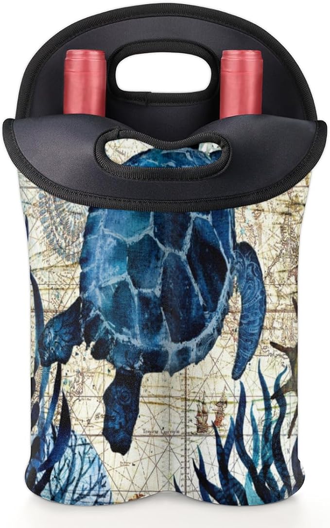 Vintage Sea Turtle 2 Bottle Wine Carrier Tote Bag Insulated Neoprene Portable - Image 5