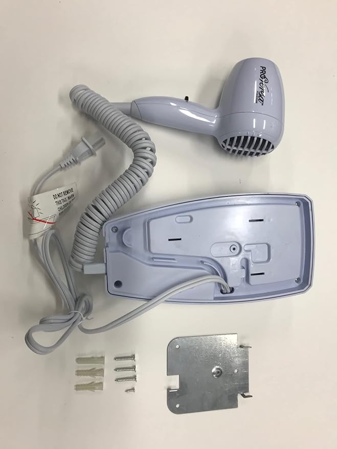 Jerdon Wall-Mount Hair Dryer - White Plug-in Hotel Style with 32 Power Cord - Wall Mounted JWM8C