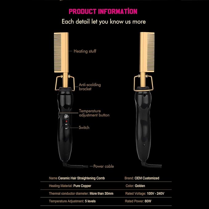 Electric Hot Comb Hair Straightening Heat Pressing Comb Ceramic Curling Flat Iron Curlers Designed Hair Hot Comb Straightener,Portable Travel Anti-Scald Beard Straightener Press Comb
