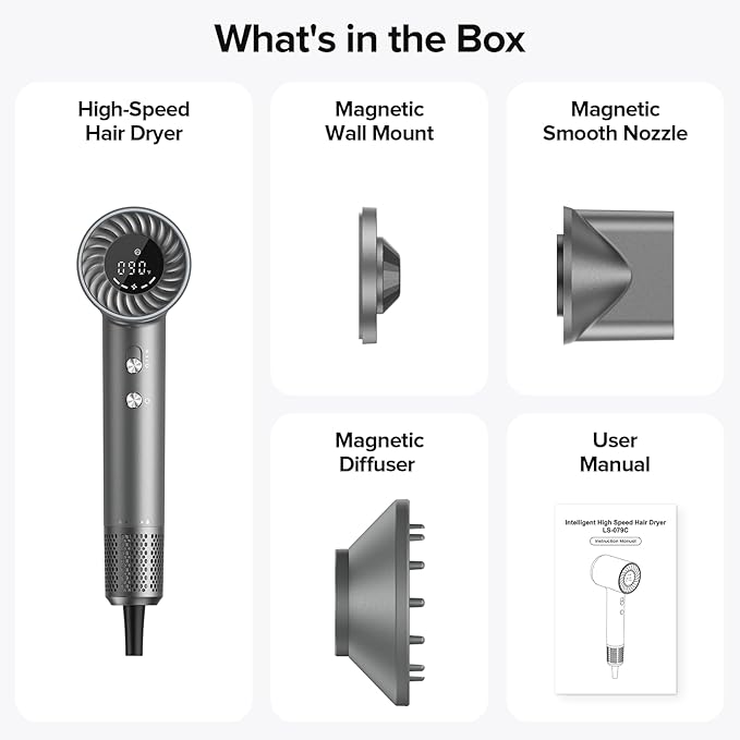 Hair Dryer, 150000 RPM Brushless Motor with 500M Negative Ions, Fast-Dry Lightweight Design, ThermoControl & Magnetic Nozzle/Diffuser, Low Noise Salon Blow Dryer for All Hair, Travel, Home