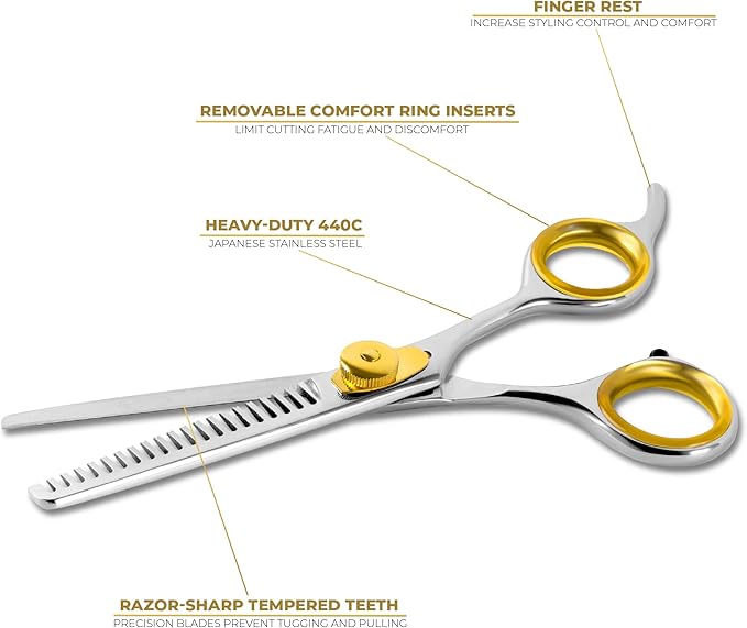 SHARF Gold Touch Barber 5.75 Inch, 20-Tooth Professional Thinning Shears 440c Japanese Stainless Steel Barber Scissors For Men and Women