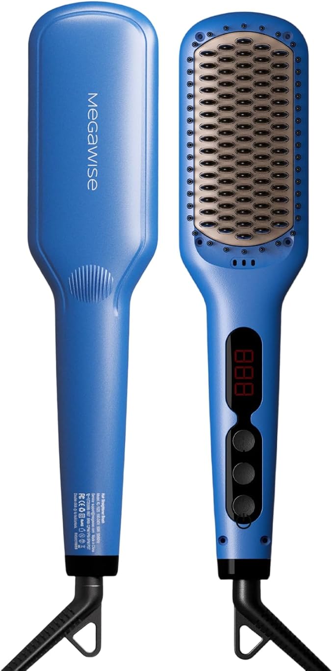 MEGAWISE Pro Ceramic Ionic Hair Straightener Brush for Home Salon | MCH Fast 20s Heating Tech with Auto-Off Safety | Anti-Scald with Universal Dual Voltage | Rotatable Power Cord (Gentian Blue)