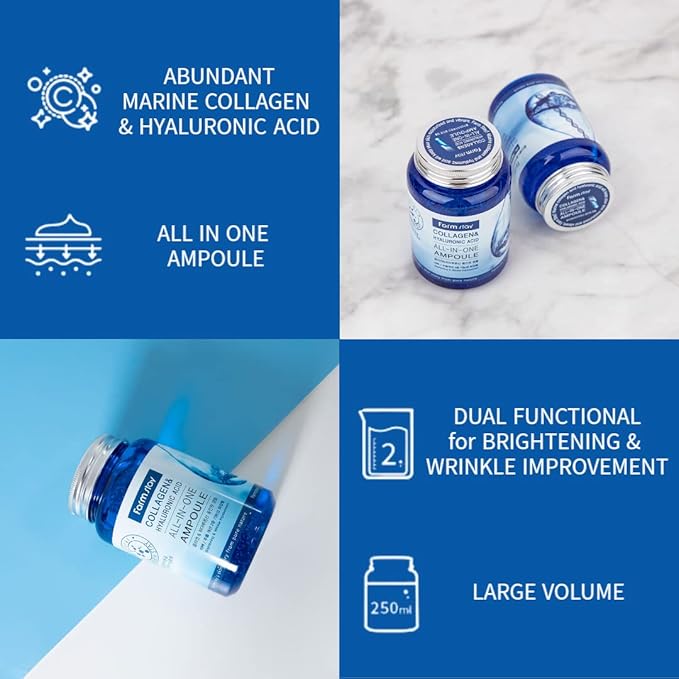 Farmstay Collagen and Hyaluronic Acid All-in-One Ampoule - Face Serum Reduces Fine Lines and Wrinkles - Serum for Face with Marine Collagen - 8.45 oz