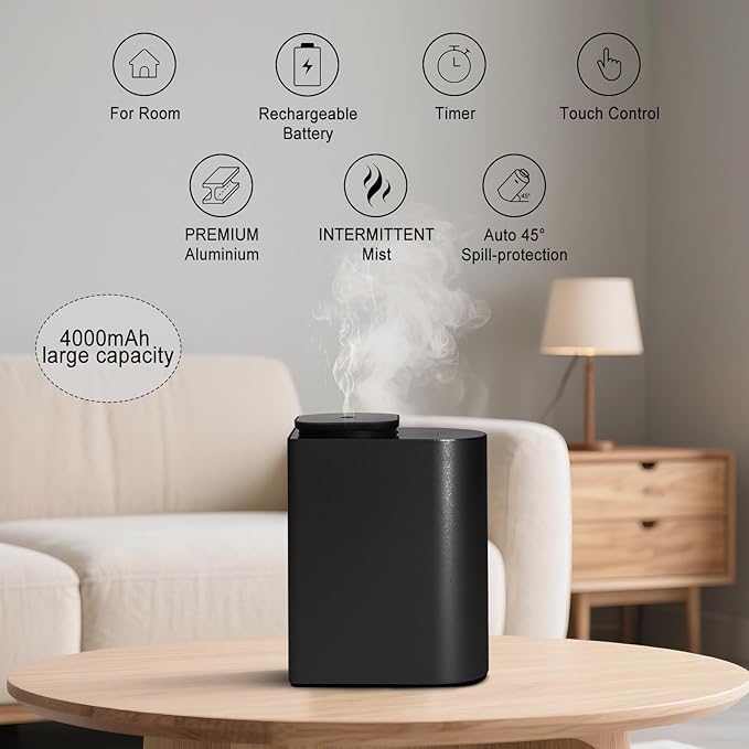 Waterless Essential Oil Diffuser，4000 mAh Large Battery, max 120ml Capacity, Suitable for Hotels, Large Rooms, Offices, bedrooms，Aluminum Alloy Desktop Scent Diffuser (Black)