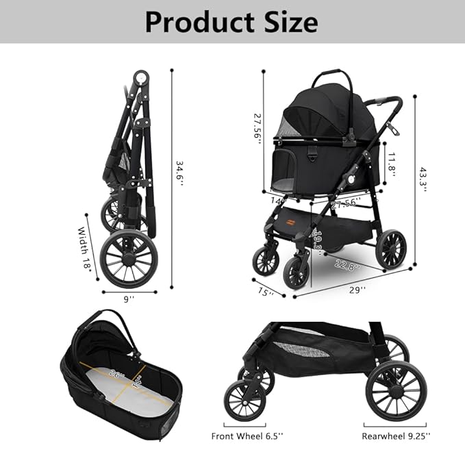 Dog Cat Stroller, Foldable 4 Wheels Dog Stroller - Image 5