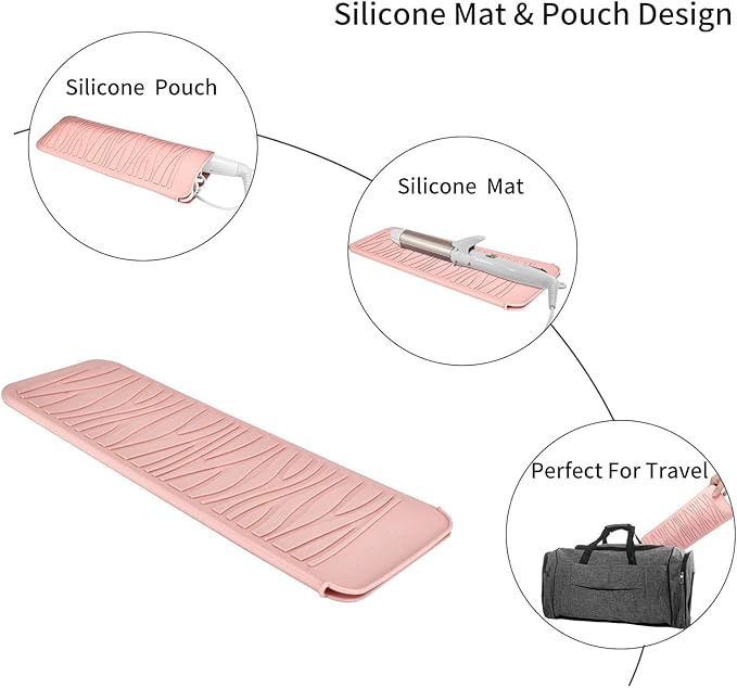 Silicone Heat Resistant Travel Pouch for Hair Straighteners, Crimping Irons, Curling Wands, Flat Irons, and Styling Tools (1 Pack, Pink)