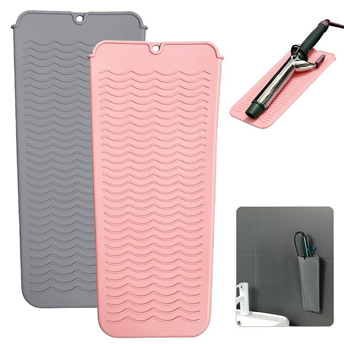 2 Heat Resistant Silicone Mat with Hanging Hole, Straightener Heat Resistant Travel Mat & Pouch for Curling Iron, Flat Iron and Other Hot Hair Styling Tools, 11 x 5 in, Pink+Gray