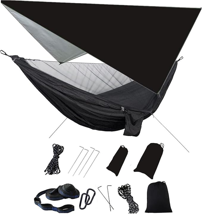 Camping Hammock with Rain Fly Tarp Mosquito Net Heavy Duty Tree Straps Portable by Ovyuzhen