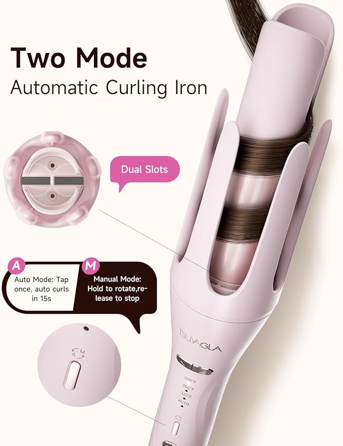 3 in 1 Automatic Curling Iron with Interchangeable 1'' Barrel, Hair Crimper, Straightening Brush, Rotating Ceramic Curling Iron with 3 Temp, 2-Way Rotation, 10S Fast Heating, Dual Voltage